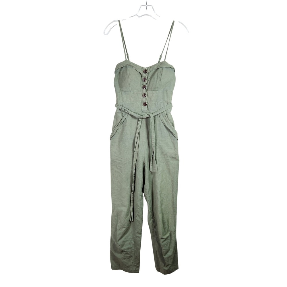 Mind Code Jumpsuit Women Small S Green Cotton Button Front Tie Waist Boho Casual